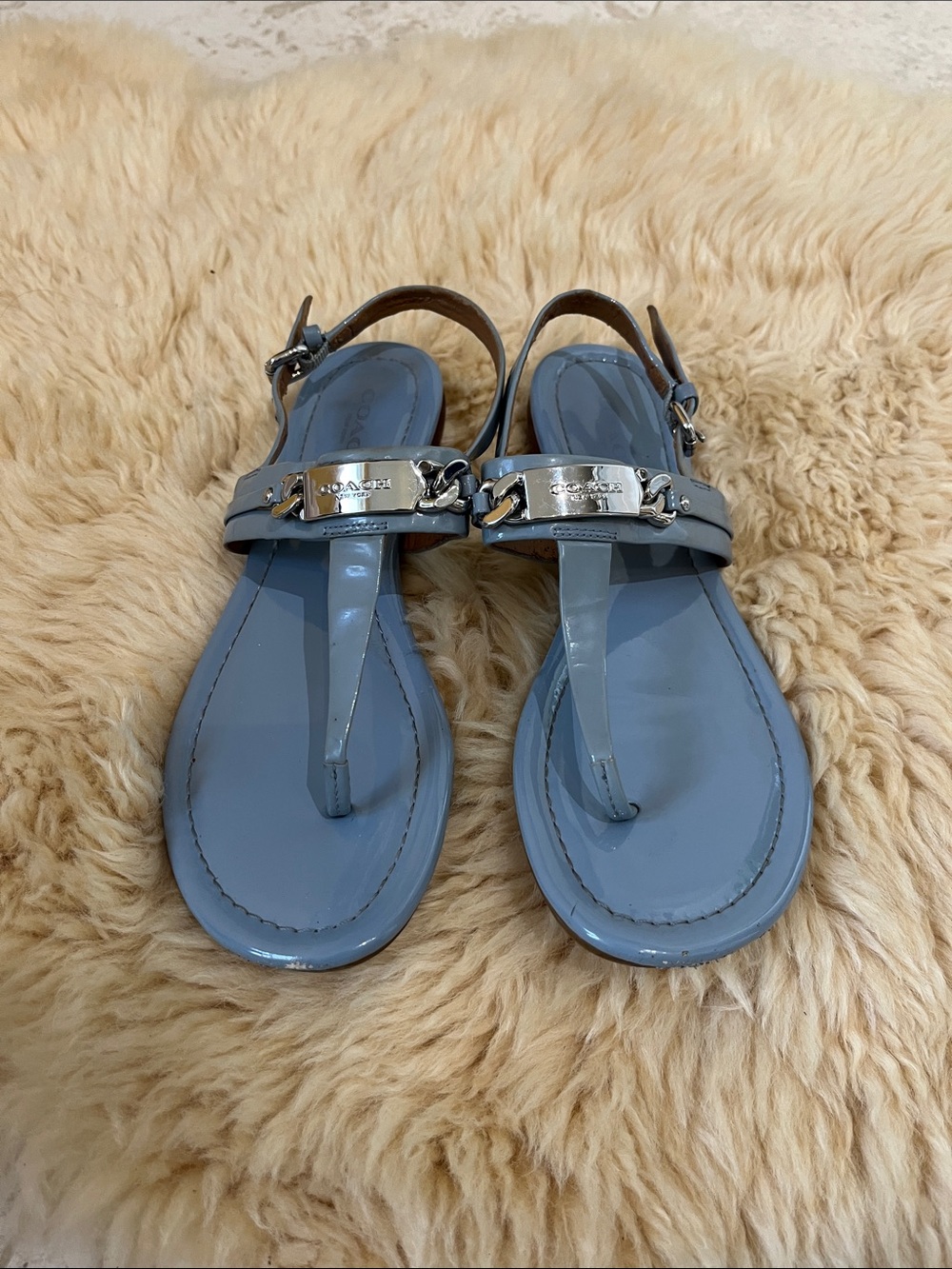 Coach Light Blue Patent Thong Sandals w/ Silver Hardware Sz 36
